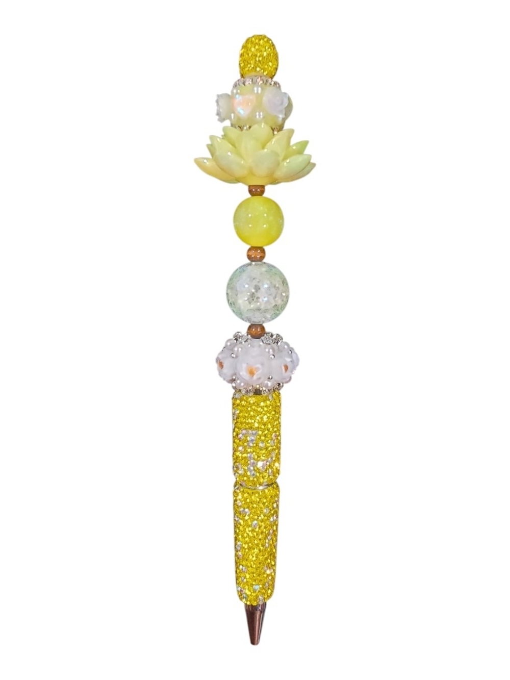 Yellow Crystal Beaded Lotus Ballpoint Pen - Handmade